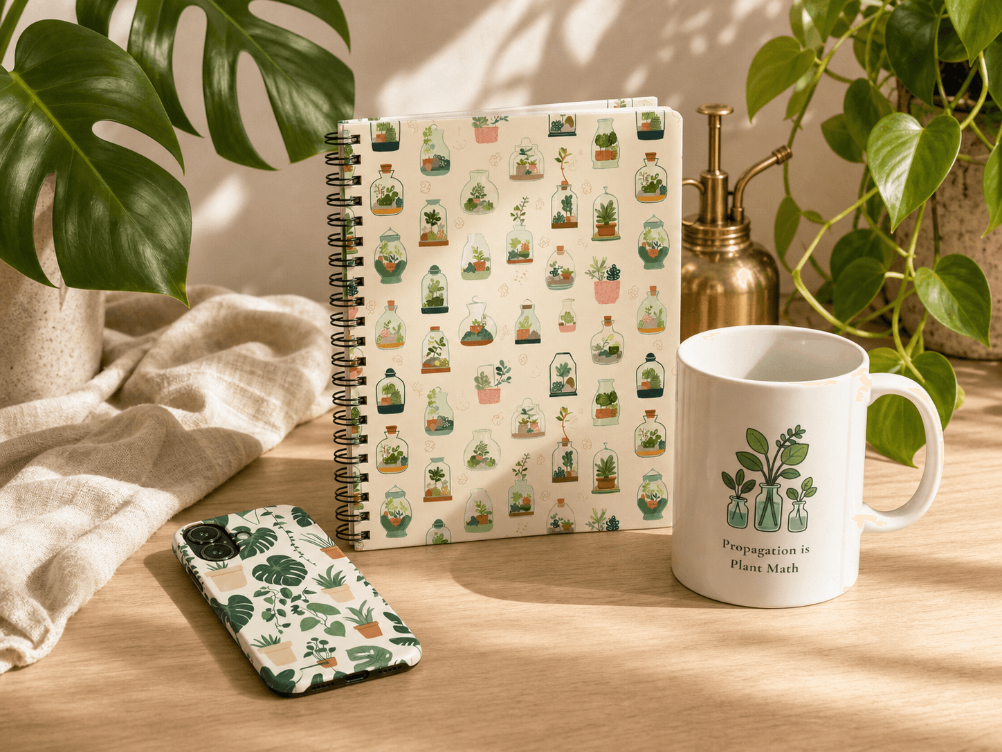 Joan's Jungle terrarium notebook, botanical phone case, and propagation mug in a sunlit plant-filled studio