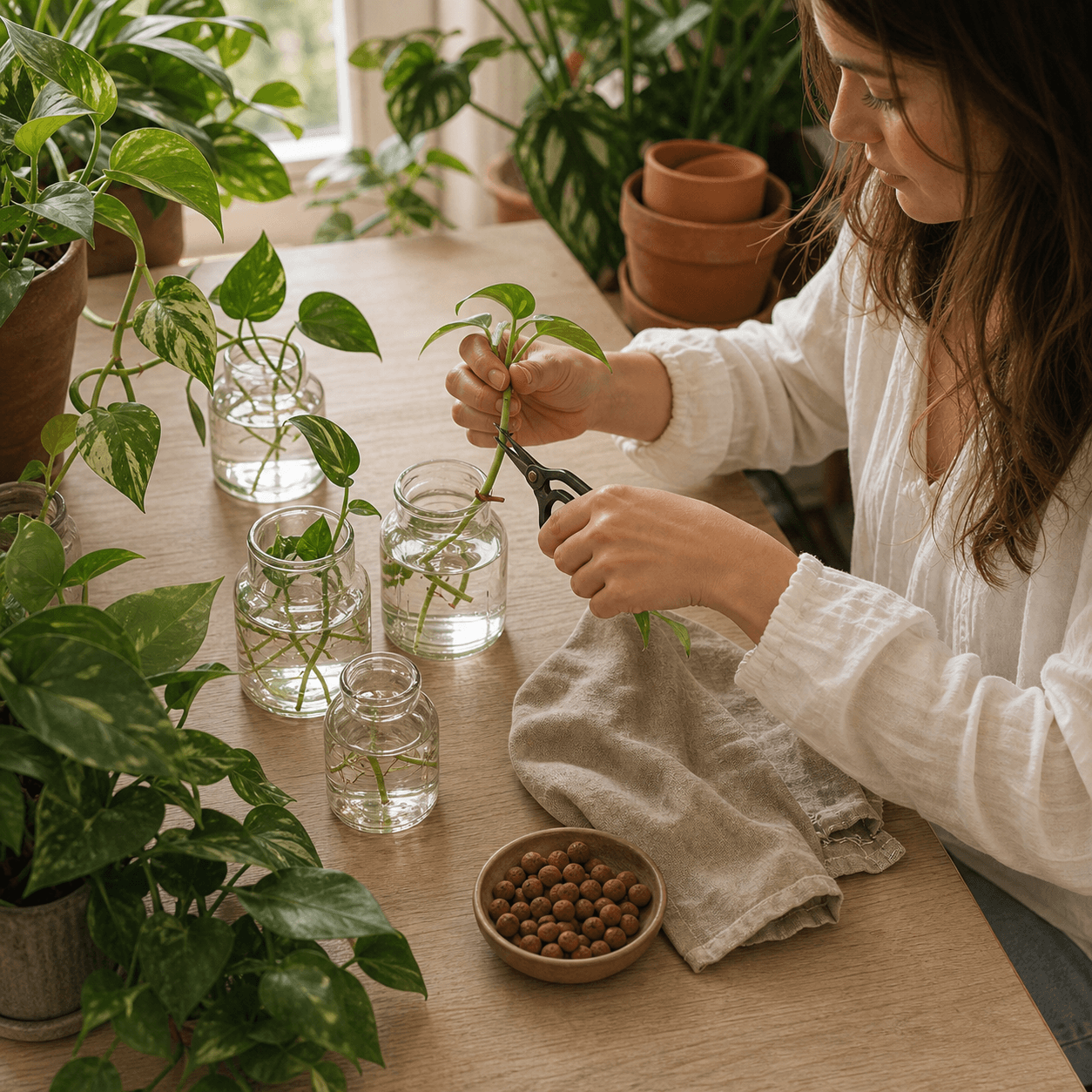 A young plant lover preparing pothos cuttings for water propagation