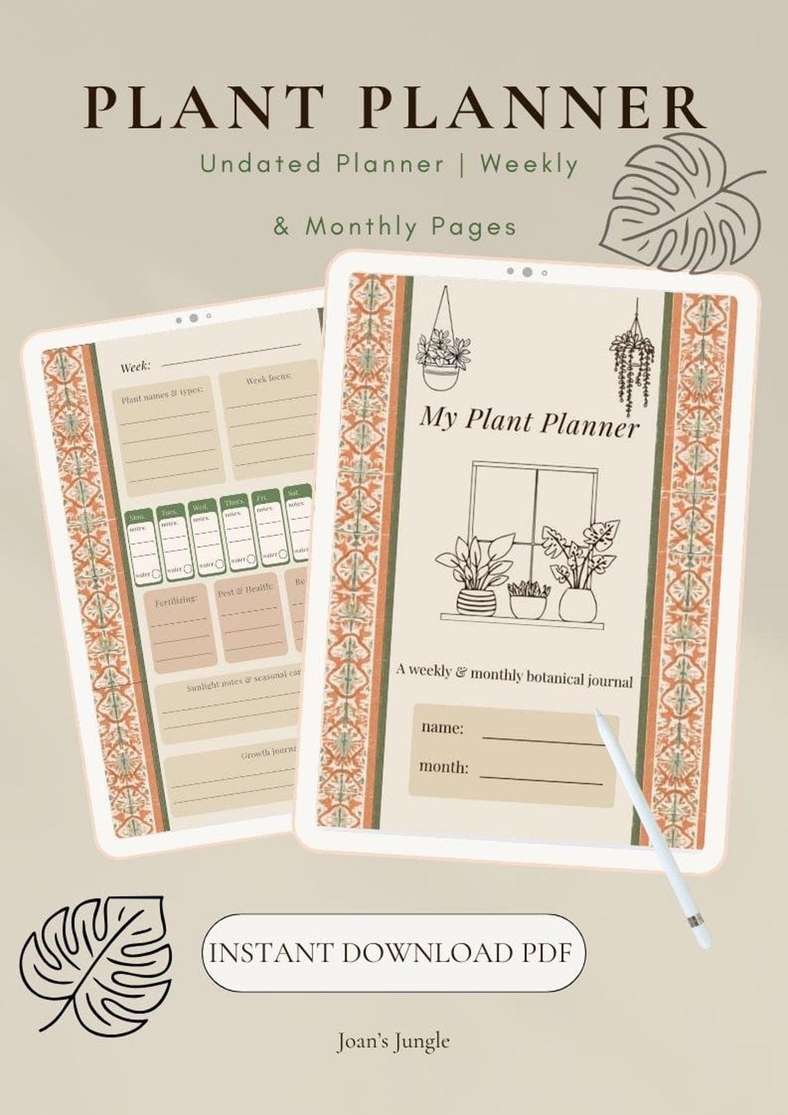 Boho Plant Planner Printable Weekly & Monthly Houseplant…